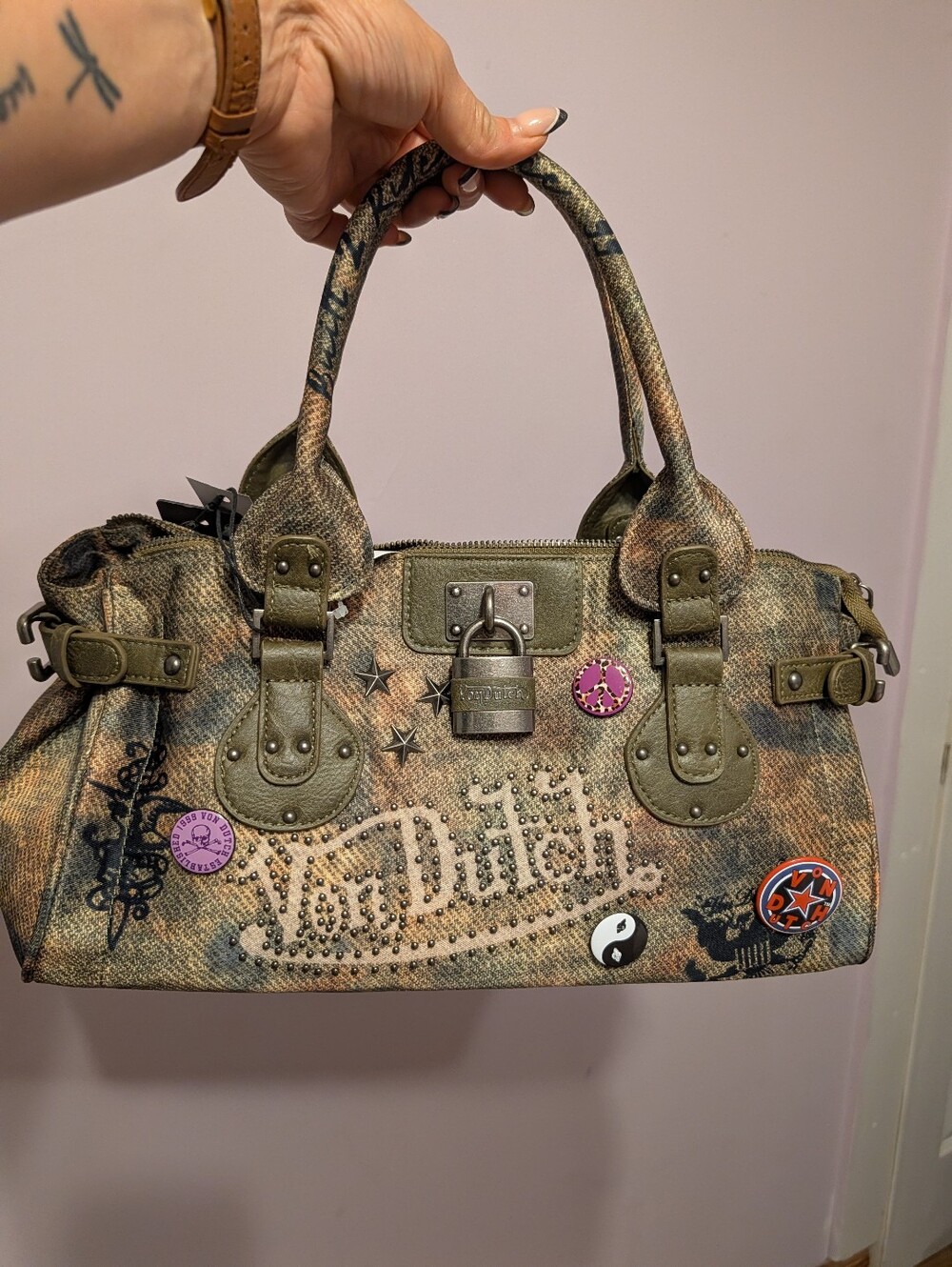 Viral Von Dutch Olive Green Embellished Satchel with Buttons